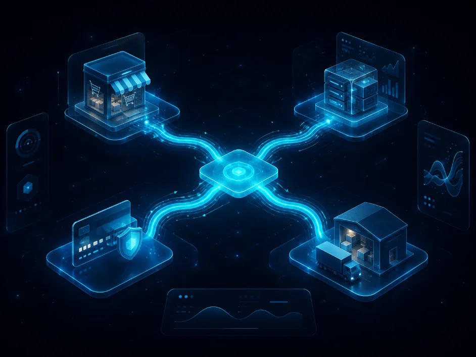 Moteur d'automatisation reliant boutique, ERP, paiements et logistique